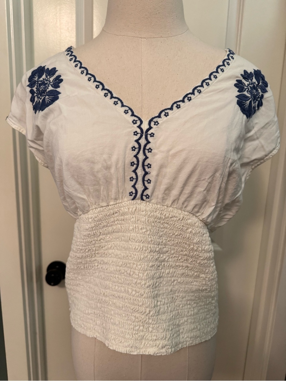 Old Navy White V-Neck Smocked Waist Top with Navy Embroidery